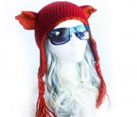 Firefox Ahri League of Legends inspired hat. Red fox ears Earflap beanie. Red orange hand crochet cat ears hat