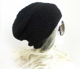 Black Beanie Slouchy Beanie Crochet Slouch Hat Pure Black men beanie women beanie baggy hat spring beanie